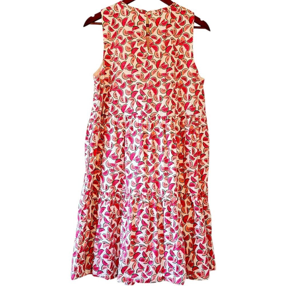 J. Crew Re-Imagined Tiered Dress Watermelon Print Side Pockets White Pink 12 - Picture 3 of 10
